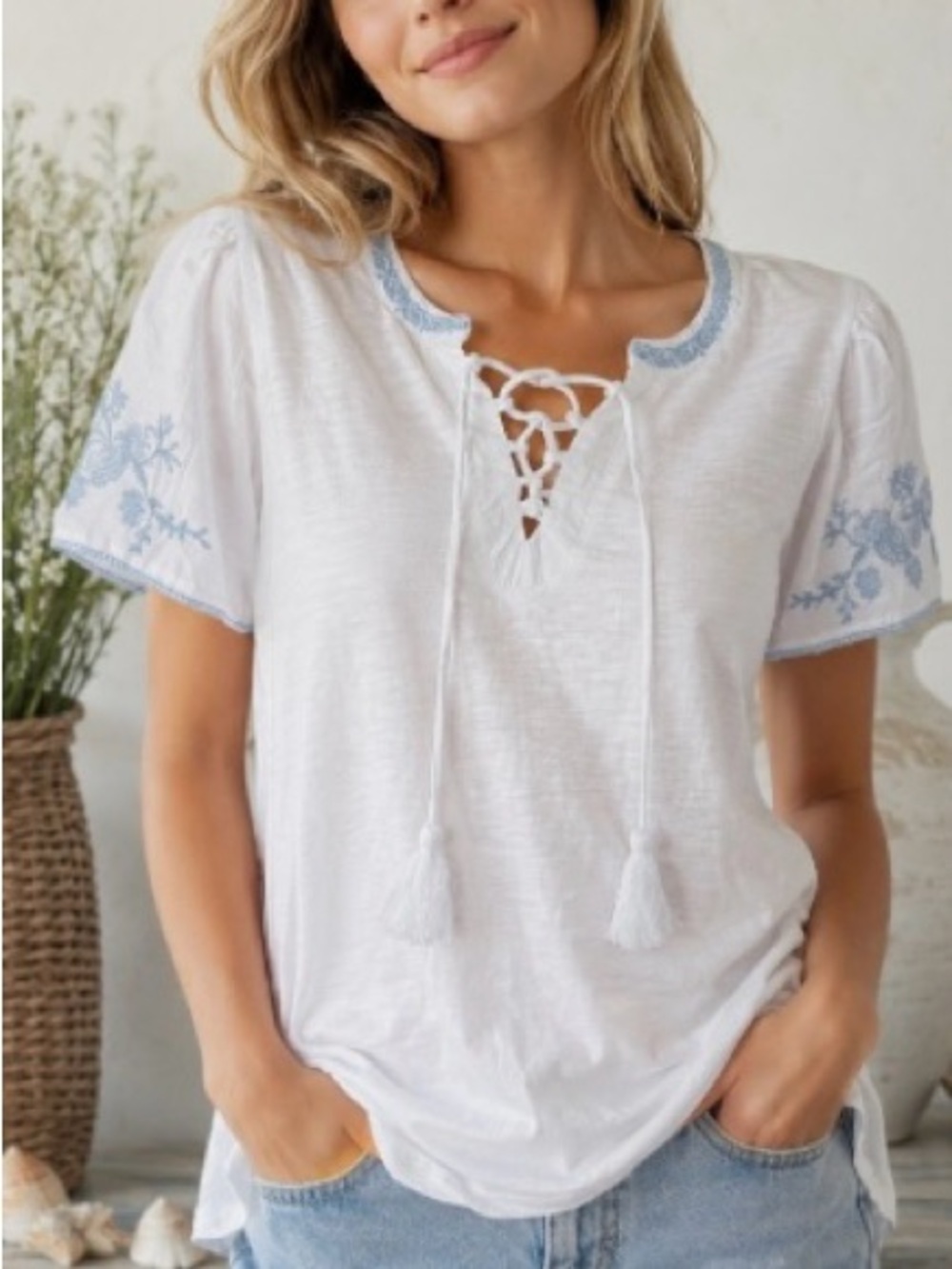 Lucky Brand White Embroidered Lace-Up Short Sleeve Top - size small